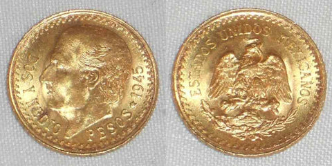 1945 Lustrous Mexico Gold Coin Two and Half Pesos Miguel Hidalgo Mexico Arms AU+