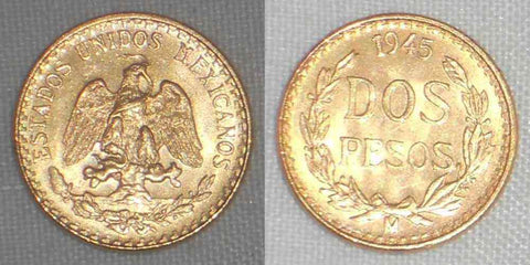 1945 Lustrous Mexico Gold Coin Two Pesos Mexican Arms Eagle with Serpent in Beak