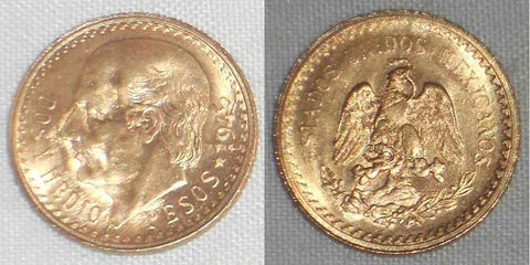 1945 Lustrous Mexico Gold Coin Two and Half Pesos Miguel Hidalgo Mexico Arms XF+