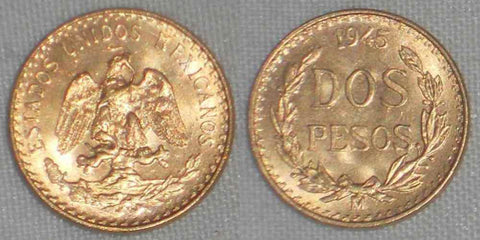 1945 Mexico Gold Coin Two Pesos Mexican Arms Eagle with Serpent in Beak AU++