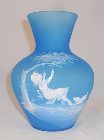 1971 Mary Gregory Style Frosted Blue Glass Hand Made Westmoreland Vase Girl on Swing with Dog Decoration Signed C Steeley