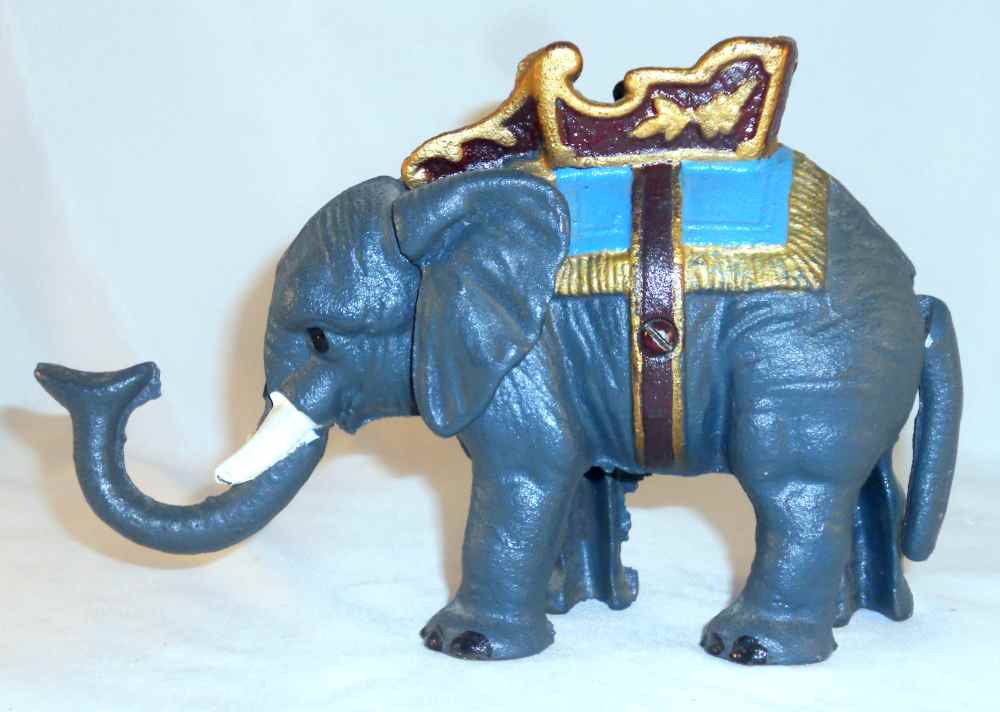 Vintage Painted Cast Iron Mechanical Penny Bank Colorful Elephant with ...