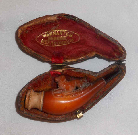 Antique Meerschaum Cigarette Cigar Holder Running Dog Carving in Original Case