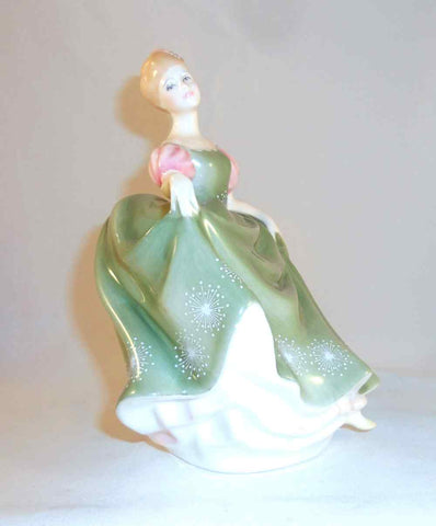 English Royal Doulton Figurine Woman Green Dress Pink Sleeves