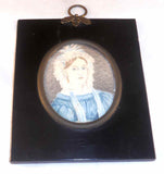 Antique Watercolor on Paper Miniature of Period Woman in Wood Lacquer Frame