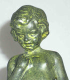 Vintage Bronze or Metal Figurine Child Standing Verdigris Finish Brass Leaves and Marble Base