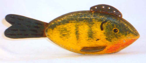 Fish Decoy Green Orange Wood and Metal Lure Fishing Folk Art 