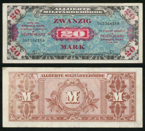 1944 WWII Germany Allied Occupation Military 20 Mark Banknote Pick 195b/B605b1