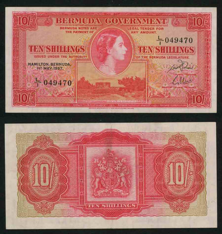 1966 Bermuda 10 Shillings Pick Number 19b Young Queen Elizabeth II Beautiful Choice Very Fine or Better Banknote