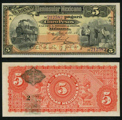 1914 Mexico Banco Peninsular 5 Pesos Banknote P#S465a Locomotive Ship Unc Detail