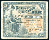 Bank of Belgian Congo 1947 Five Francs Banknote Pick Number 13Ad Very Fine Currency Note