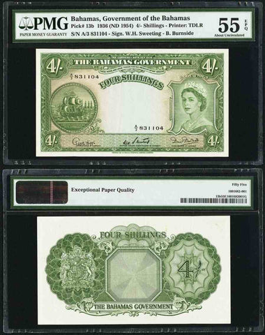 The Bahamas Government Four Shillings Banknote Pick Number 13b Queen Elizabeth II Portrait