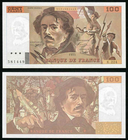1993 France 100 Francs Banknote Pick Number 154d Eugene Delacroix Good Extremely Fine or Much Better