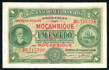 1941 Mozambique One Escudo Banknote Pick Number 81 F. de Oliveira Chamico and Ship Images Banco Nacional Ultamarino