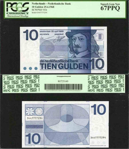 Beautiful Netherlands Banknote 25 April 1968 Ten Gulden PCGS 67 PPQ Pick Number 91b