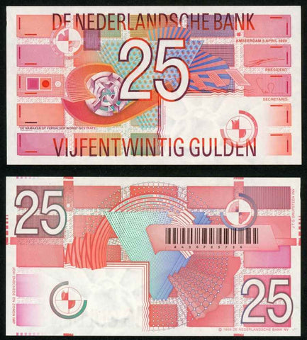 1989 Netherland 25 Gulden Banknote Pick Number 100 Beautiful Geometric Design Crisp Uncirculated Currency Note