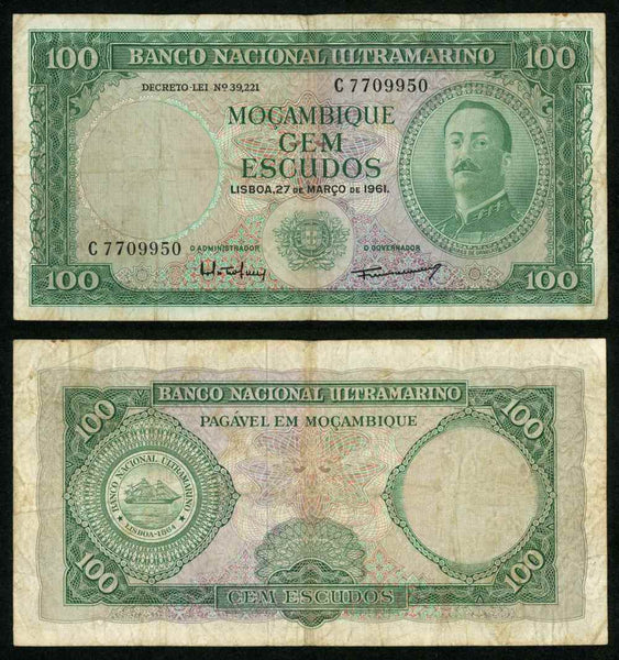 Currency 1961 Mozambique 100 Escudos Banknote P109a Banco Nacional  Ultamarino VF