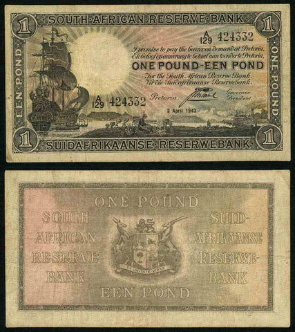 1943 South African Reserve Bank One Pound Banknote Pick Number 84e Nice Fine or Much Better Currency Note