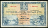 1952 One Pound Sterling Banknote Clydesdale & North of Scotland Bank Pick Number 191 Beautiful Choice Very Fine Currency Note
