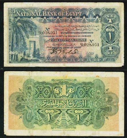 1916 Egypt One Pound Banknote National Bank of Egypt Pick 12a Frederick Rowlatt Signature PMG 25 Very Fine