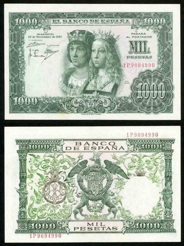 1957 Bank of Spain 1000 Pesetas Banknote Catholic Royals Pick #149a Crisp XF++