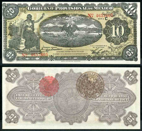 1914 Mexican Provisional Government Large Ten Pesos Banknote Series C Liberty Seated, Pick Number S1106 Beautiful About Uncirculated or Better Banknote