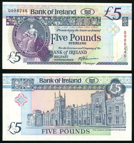 ND 1994 Northern Ireland Five Pounds Sterling Banknote Bank of Ireland Belfast Pick 70c Harrison Signature Crisp Uncirculated