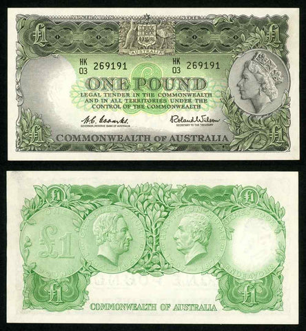 Scarce 1961-65 ND Australia One Pound Banknote P# 34a Queen Elizabeth Crisp Unc.
