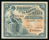 1949 Bank of Belgian Congo Five Francs Banknote Pick# 13B Currency Note XF+