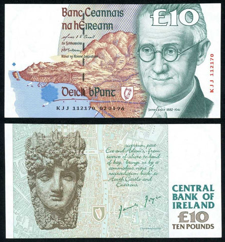 1996 Central Bank of Ireland Ten Pounds Banknote Pick Number 76b Crisp Uncirculated Currency Note