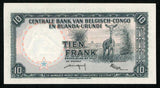 1958 Belgian Congo Ruanda-Urundi Central Bank 10 Francs Banknote P30b Unc 65 EPQ