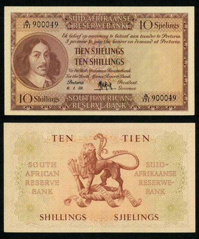 Currency 1959 South African Reserve Bank Ten Shillings Banknote Pick# 91d XF++