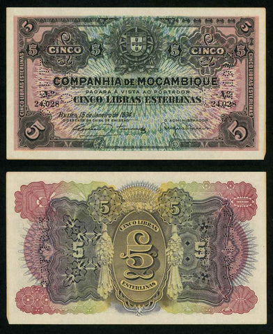 1934 Banknote Mozambique Company 5 Pounds Sterling Canceled Uncirculated P# R32