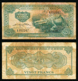 1960 Rwanda and Burundi Issue Bank Twenty Francs Banknote Alligator and River Pick Numbers 3a
