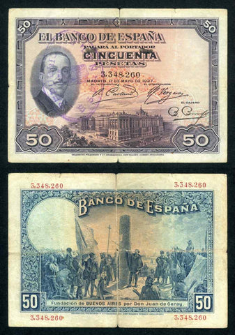 Spain 50 Pesetas Republic Issue Banknote May 17, 1927 Pick# 80 Alfonso XIII VG+