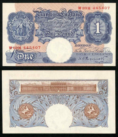 Currency 1940-48 Great Britain One Pound Banknote P-367a K. O. Peppiatt Prefix W89H Unc