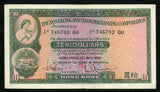 Beautiful Hong Kong Shanghai Banking Corporation 1959 Ten Dollars Banknote VF++