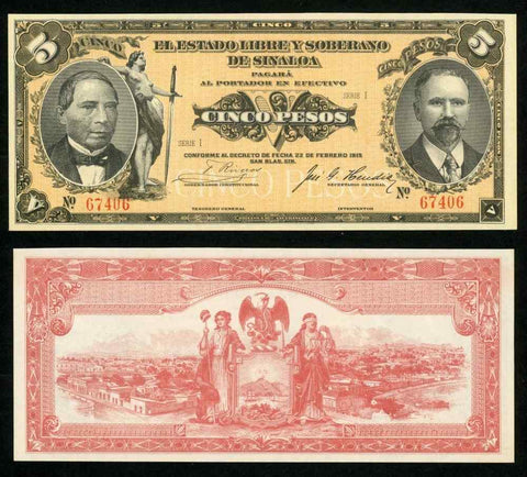 1915 Mexico State of Sinaloa Series I Five Pesos Banknote Pick No. S1044a? UNC