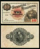 Nice 1938 Sweden Banknote Swedish National Bank Ten Kronor Pick Number 34u XF++