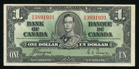 1937 Currency Bank of Canada One Dollar Banknote King George VI 
