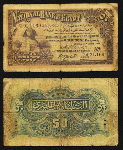 Banknote 1917 National Bank of Egypt 50 Piastres Sphinx of Giza Signed Rowlatt