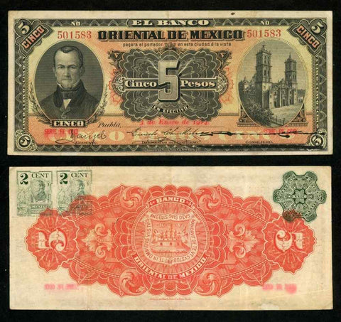 1914 Banco Oriental De Mexico 5 Pesos Banknote Puebla Cathedral Esteban Antunano