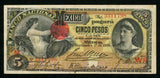 1909 Banco Nacional De Mexico Five Pesos Banknote Series W6 Pick No. S257c XF