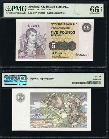 1987 Scotland Clydesdale Bank PLC 5 Pounds Banknote P#211 Gem UNC 66 EPQ