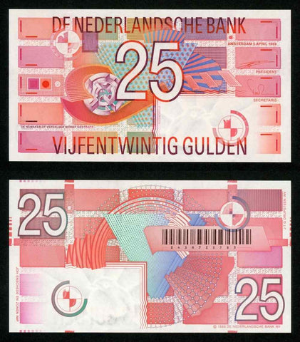 Beautiful 1989 Netherland 25 Gulden Banknote Geometric Design Pick Number 100 CU