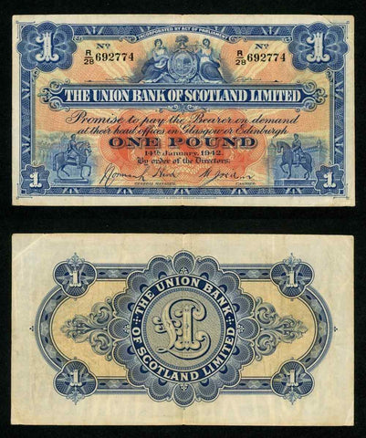 1942 The Union Bank of Scotland Limited One Pound Banknote P #815c Very Fine