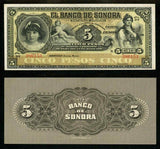 1897-1911 ND Mexico Banco de Sonora Five Pesos Banknote Crisp About Uncirculated