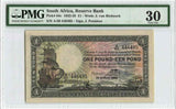 1935 South African Reserve Bank One Pound Banknote Sailing Ship P# 84c PMG VF 30