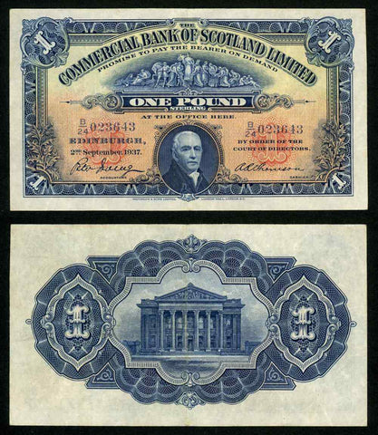 1937 The Commercial Bank of Scotland Limited One Pound Banknote P #331a VF++