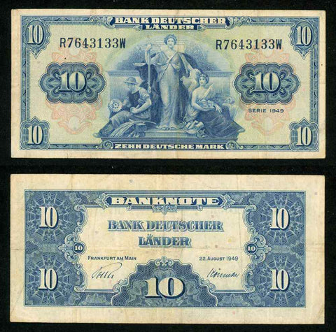 1949 Germany Federal Republic 10 Marks Banknote Bank Deutscher Lander P #16 VF